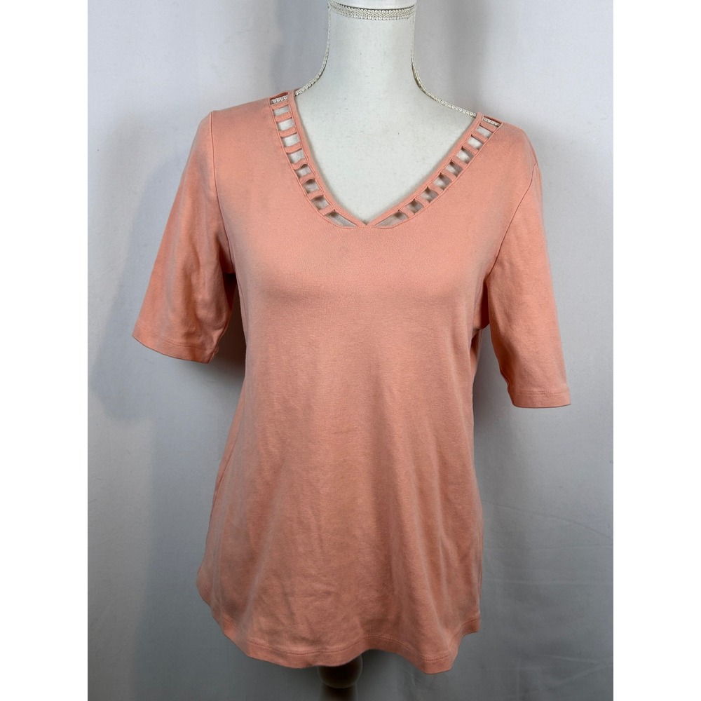 Karen Scott Womens Coral Peach V-Neck Ladder Cutout Short Sleeve Top Size M